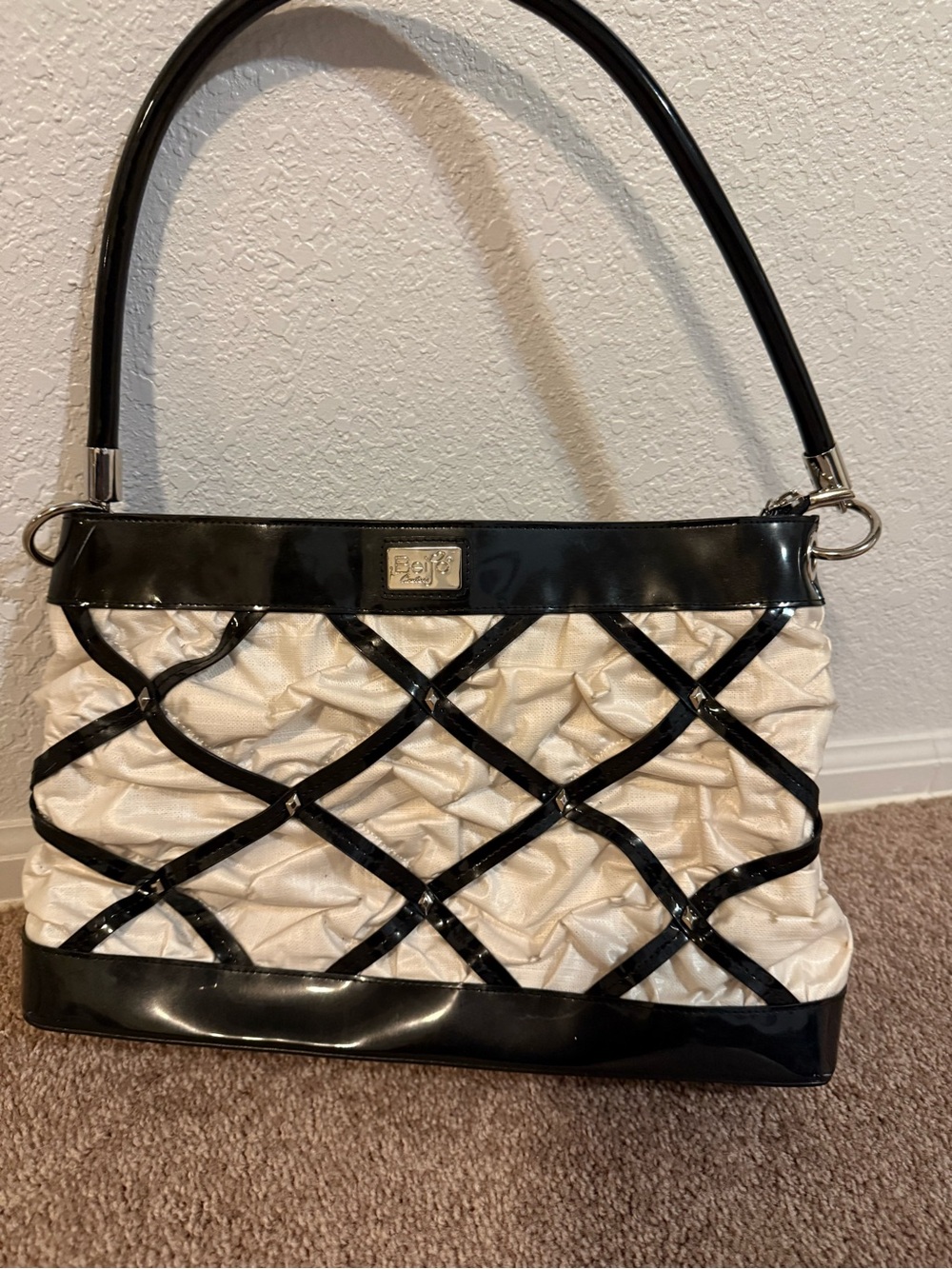 Beijo white Shoulder Bag with Black Patent Lattice Detail
